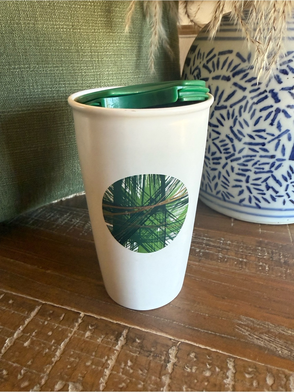 Starbucks 2014 Dot Collection Green Crosshatch Ceramic Travel Tumbler Mug 12oz